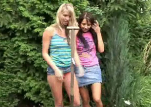 Skinny horn-mad lesbos Natasha and Olya are ready to have sex outdoors