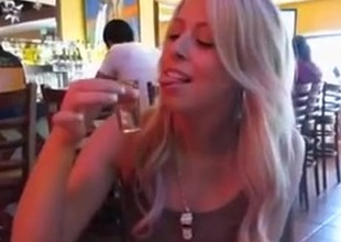 Hawt golden-haired drinks elbow the bar and taken to hotel to fuck