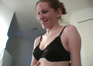 Dilettante legal age teenager slut with inept tits in undies enjoys giving handjob